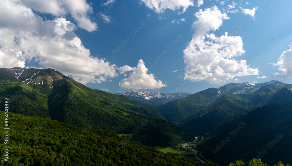 Fototapeta premium Lush green hills and distant snow-capped mountains