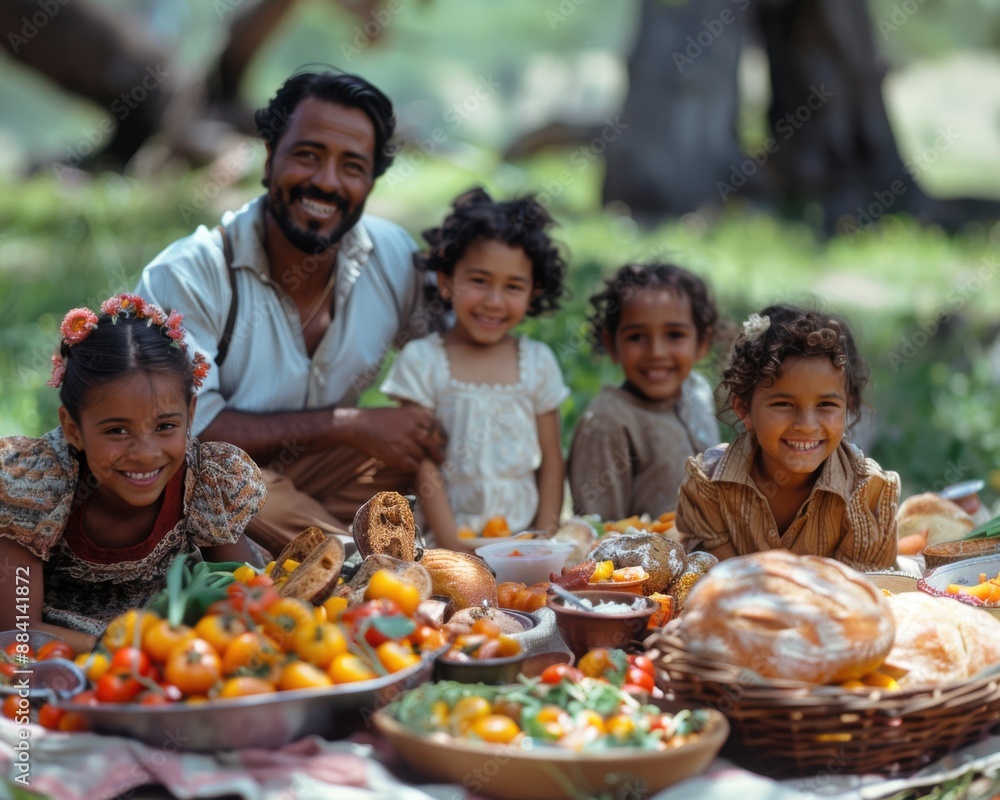 Create a high-quality photograph of a multicultural family enjoying a picnic in a park, with various cultural foods spread out. Create a high-quality photograph of a multicultural family enjoying a picnic in a park, with various cultural foods spread out.