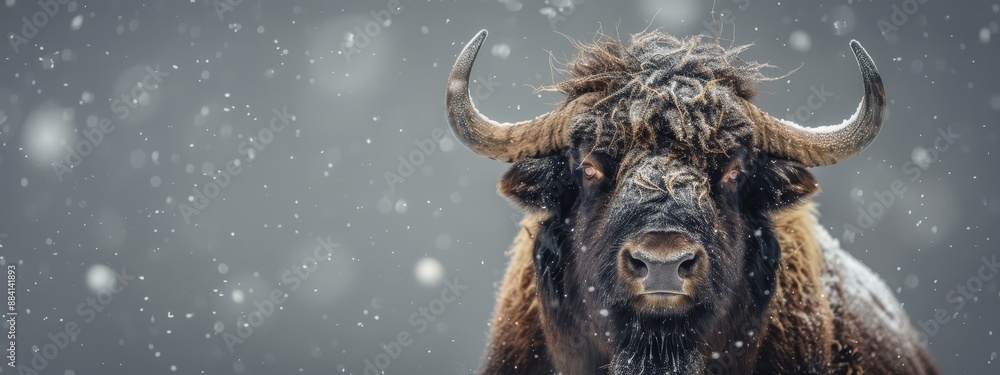 A bison with prolonged horns stands amidst the snow, its face adorned with snowflakes Its hair billows in the wind A bison with prolonged horns stands amidst the snow, its face adorned with snowflakes Its hair billows in the wind