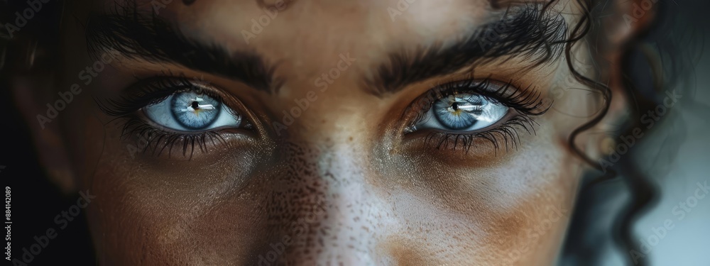 blue eyes, freckled hair above blue eyes, freckled hair above