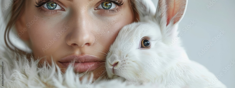 A woman closely holds a rabbit in front of her face, gazing at the camera with a shocked expression A woman closely holds a rabbit in front of her face, gazing at the camera with a shocked expression