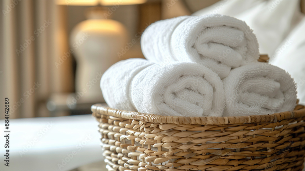 white towels in a bedroom, Neatly arranged white towels in a woven basket, housekeeping, organized neatly indoors white towels in a bedroom, Neatly arranged white towels in a woven basket, housekeeping, organized neatly indoors