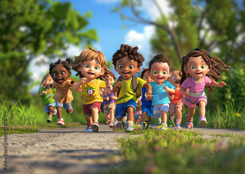 Multi-cultural kids dashing along a pathway, cheerful and energetic, animated 3D render