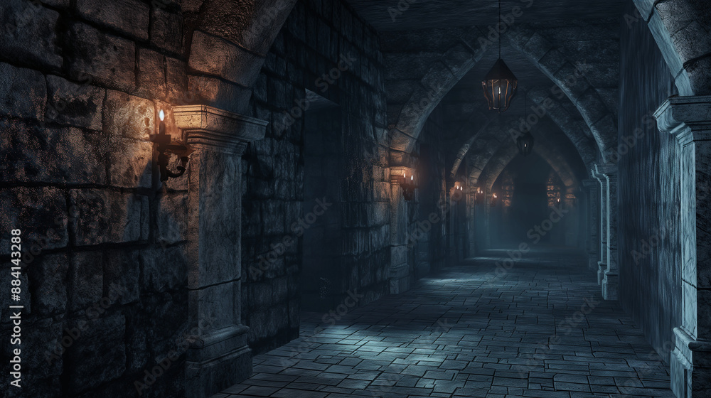 Dungeon dark stone walls with torches Dungeon dark stone walls with torches