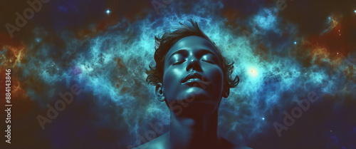 Conceptual depiction of a person absorbed in himself, reflecting with his thoughts on the origin of life in the universe, the meaning of its existence and the past and future