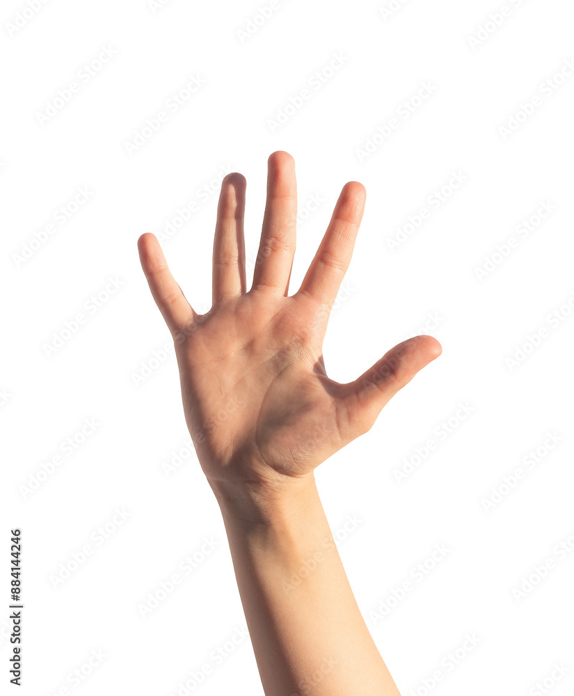 Kids hand waving hi, greeting gesture, five fingers spreading, isolated on white background. Kids hand waving hi, greeting gesture, five fingers spreading, isolated on white background.