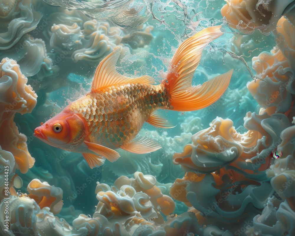 Naklejka premium Create a surrealistic painting of a fish swimming through the sky, with clouds shaped like ocean waves.