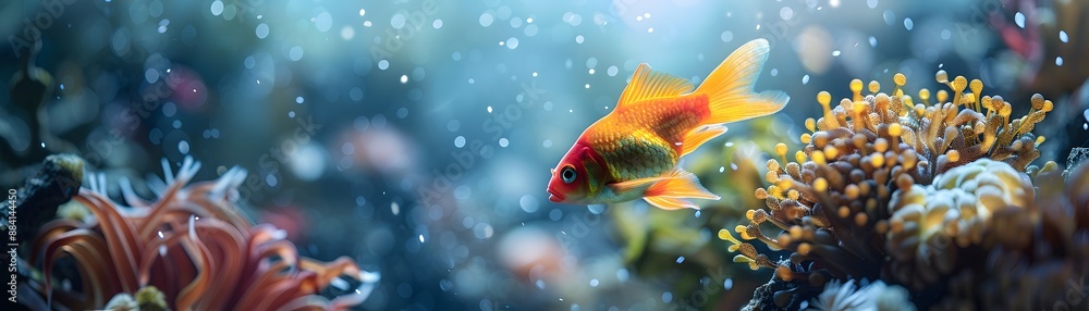 Whimsical Molly Fish Swimming Through Fairy Tale Inspired Underwater Landscape with Vibrant Coral Whimsical Molly Fish Swimming Through Fairy Tale Inspired Underwater Landscape with Vibrant Coral