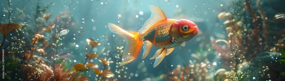 Fototapeta premium Vibrant Molly Fish Navigating Whimsical Fairy Tale Inspired Aquatic Landscape