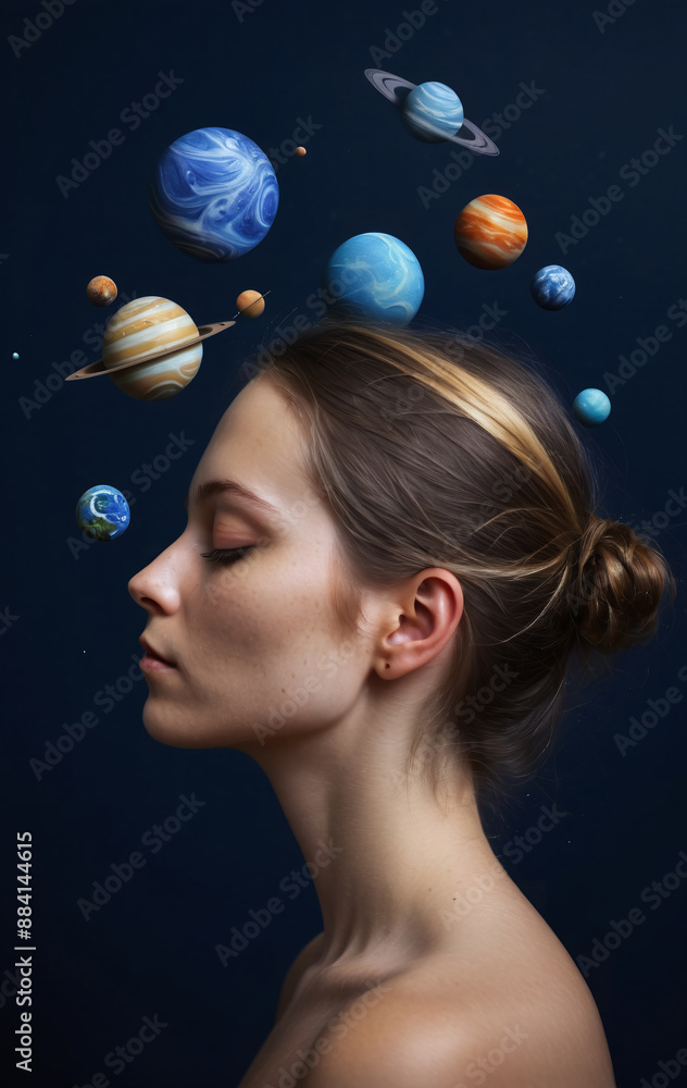 Naklejka premium Conceptual depiction of a person absorbed in himself, reflecting with his thoughts on the origin of life in the universe, the meaning of its existence and the past and future