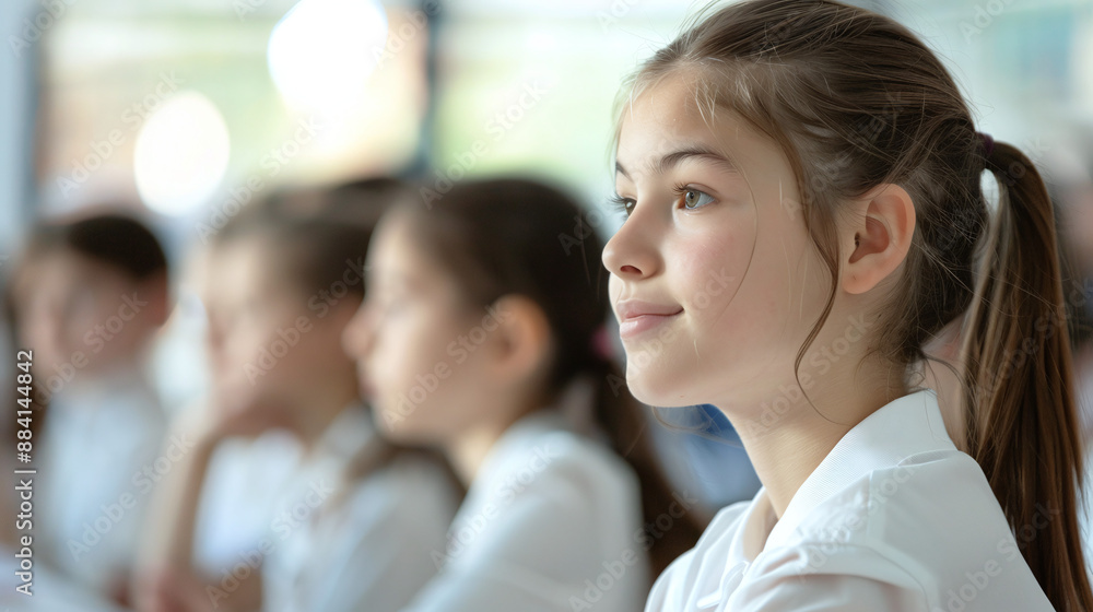 A little girl schoolgirl sits at a desk with classmates in a school classroom and listens to a teacher in class A little girl schoolgirl sits at a desk with classmates in a school classroom and listens to a teacher in class