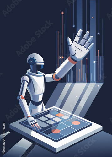 robot with a laptop robot hand pressing on virtual digital screen big data connection technology AI machine learning idea concept