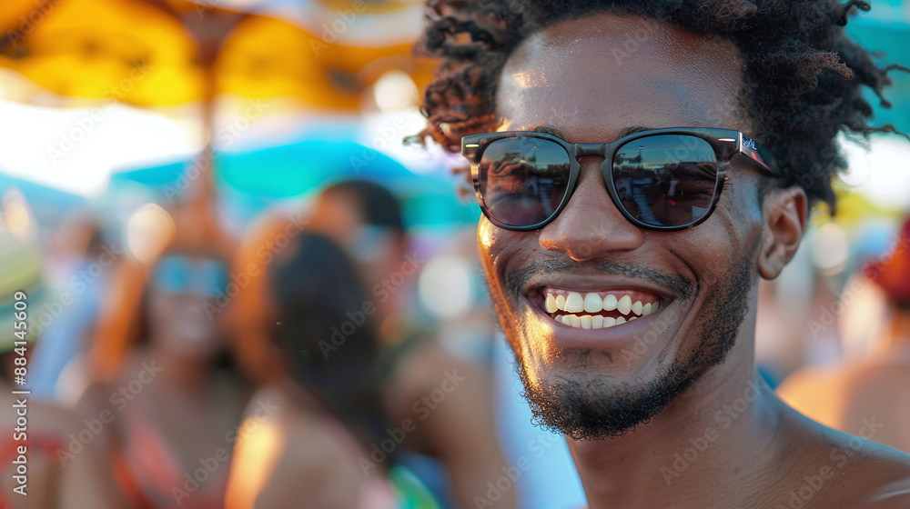 Young african american man with curly hair and sunglasses in beach club Young african american man with curly hair and sunglasses in beach club