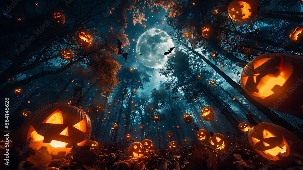 Fototapeta premium Halloween pumpkins in the forest at night.Halloween background with Evil Pumpkin. Spooky scary dark Night forrest. Holiday event halloween banner background concept