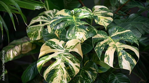 Variegated Monstera Deliciosa Leaves in Lush Greenery
