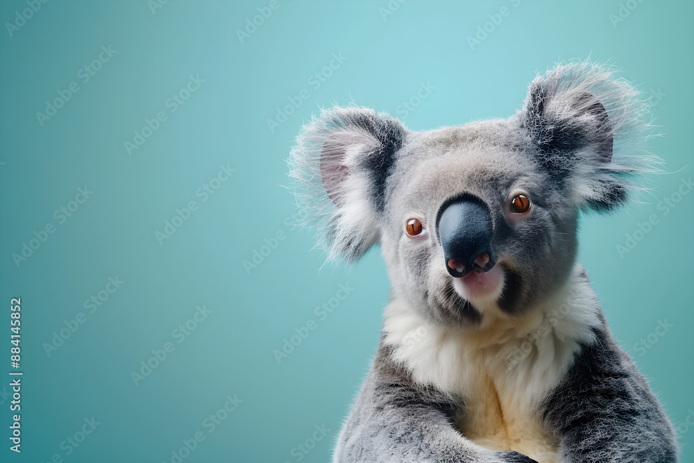 Obraz premium Koala isolated on blue background with copy space for text. Perfect for wildlife and nature themes, educational materials, and Australian events.