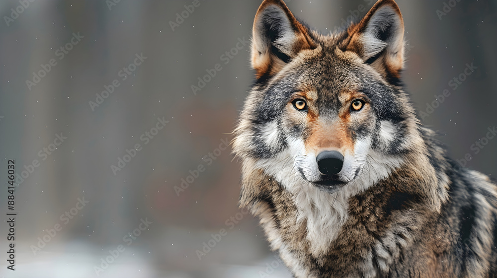 Obraz premium Wild wolf in a forest, close-up portrait with copy space. Perfect for wildlife, nature, and conservation-themed designs and photography.