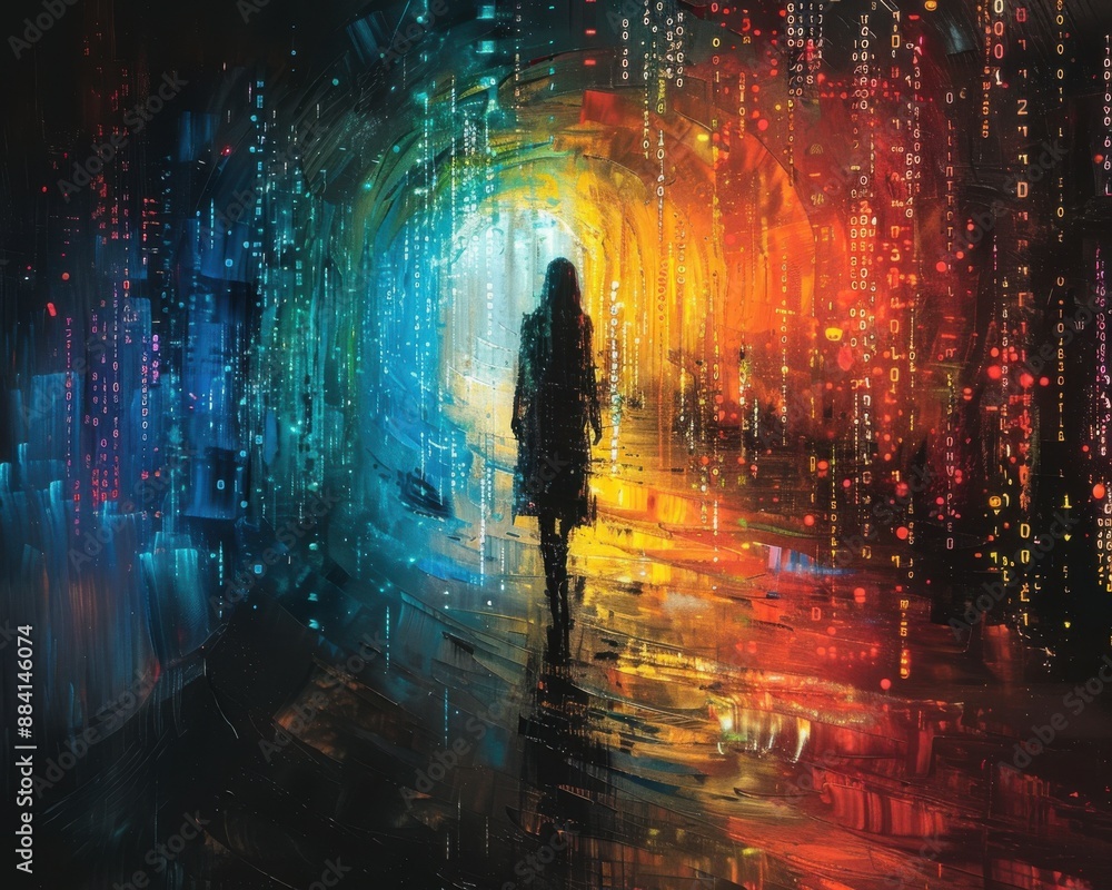 Obraz premium Create a surrealistic painting of a human silhouette made of digital code, blending into a background of swirling data streams.
