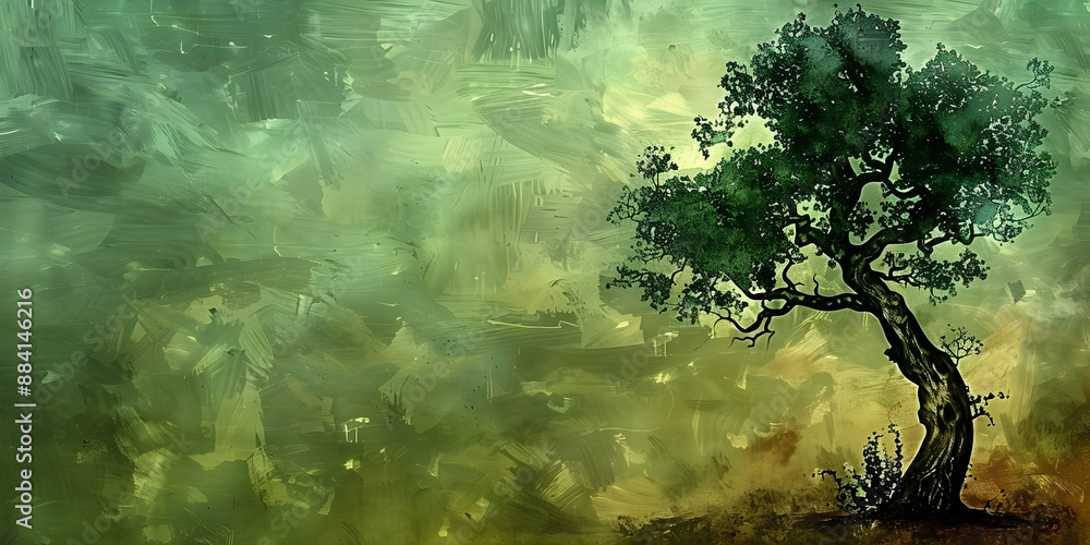 Fototapeta premium A serene digital painting of a single tree against a green and brown mixed background. Ideal for nature-themed designs and has ample copy space.