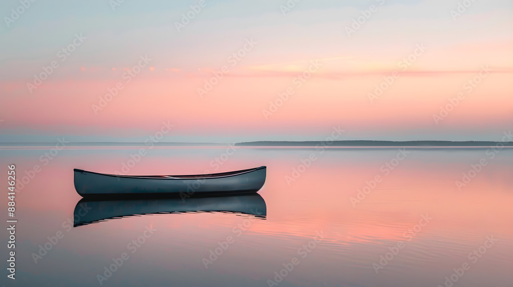 A serene scene of a solitary canoe floating on a mirror-like lake under a pastel dawn sky. Ideal for travel, relaxation, and nature-themed designs. A serene scene of a solitary canoe floating on a mirror-like lake under a pastel dawn sky. Ideal for travel, relaxation, and nature-themed designs.