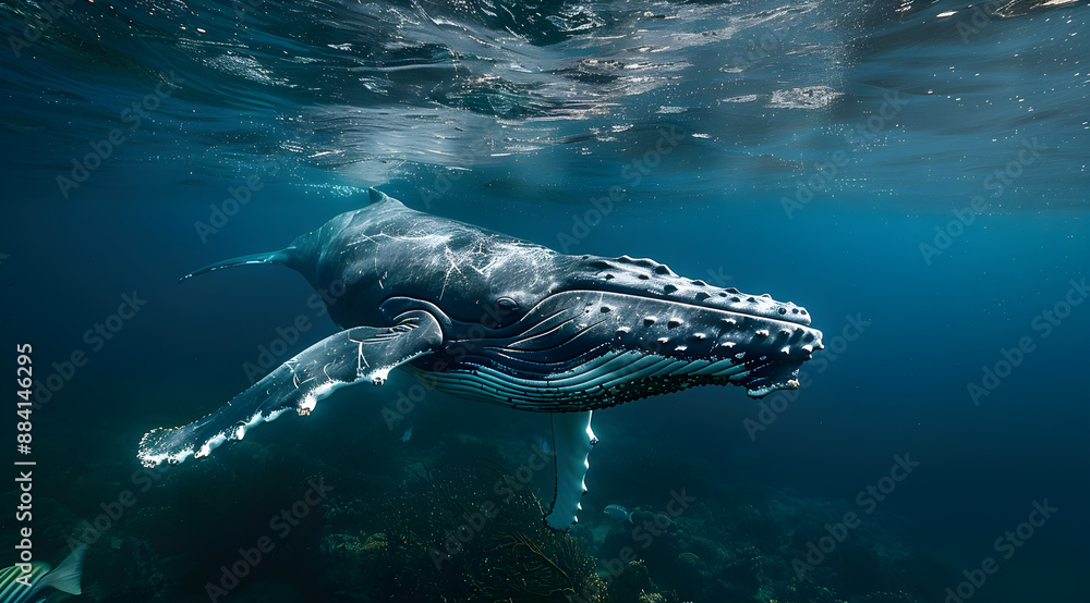 Obraz premium Humpback whale swimming just below the ocean's surface. Perfect for underwater nature themes, marine life conservation, and adventure designs. Copy space available.