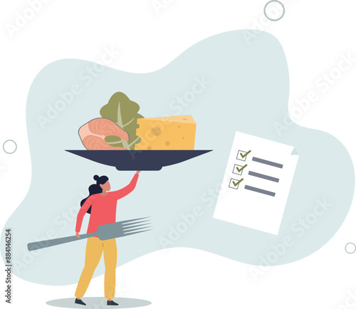 Healthy meal planning with daily food ingredients list.flat design.illustration with people.