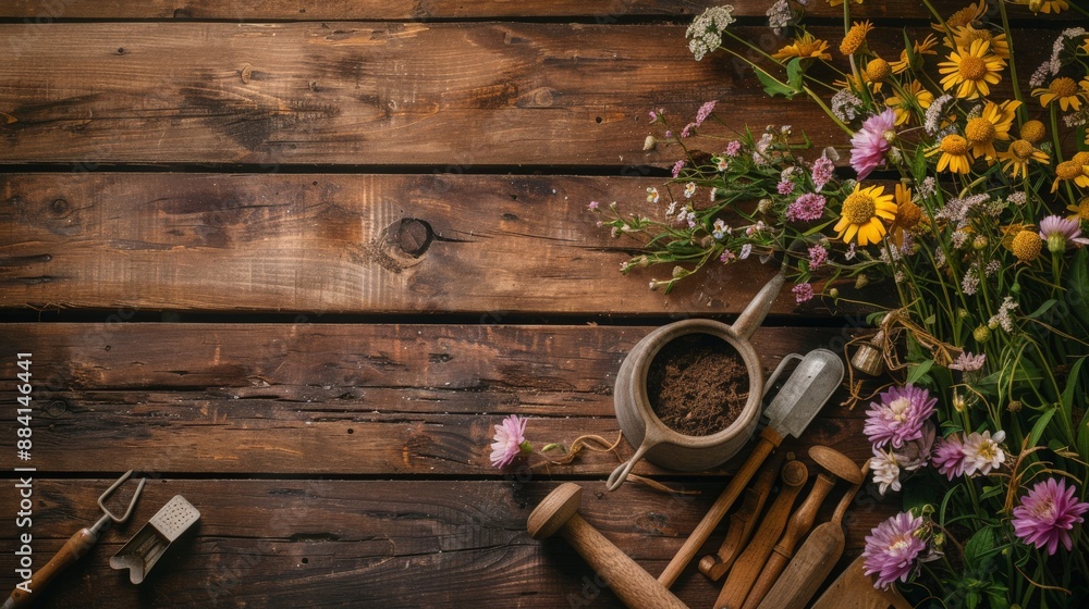 Flat lay of fresh flowers, gardening tools, and a watering can on a rustic wooden background, highlighting the beauty of nature and the simplicity of gardening Flat lay of fresh flowers, gardening tools, and a watering can on a rustic wooden background, highlighting the beauty of nature and the simplicity of gardening