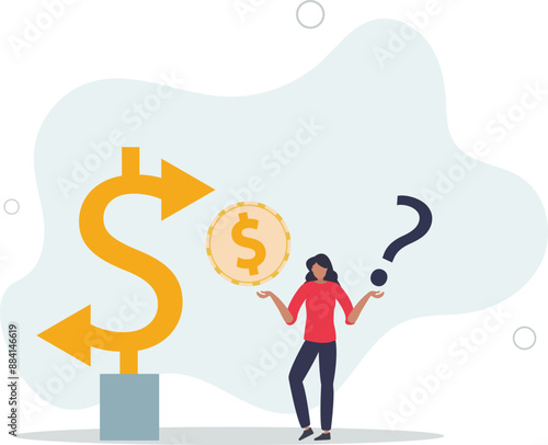 Money decision, investment choice or option to make profit, buy or rent, pay off debt or invest, select best earning asset.flat design.illustration with people.