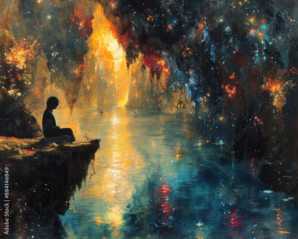 Create a surrealistic painting of a person sitting in a boat, floating on a river of light that flows through a dreamscape filled with surreal elements. Create a surrealistic painting of a person sitting in a boat, floating on a river of light that flows through a dreamscape filled with surreal elements.
