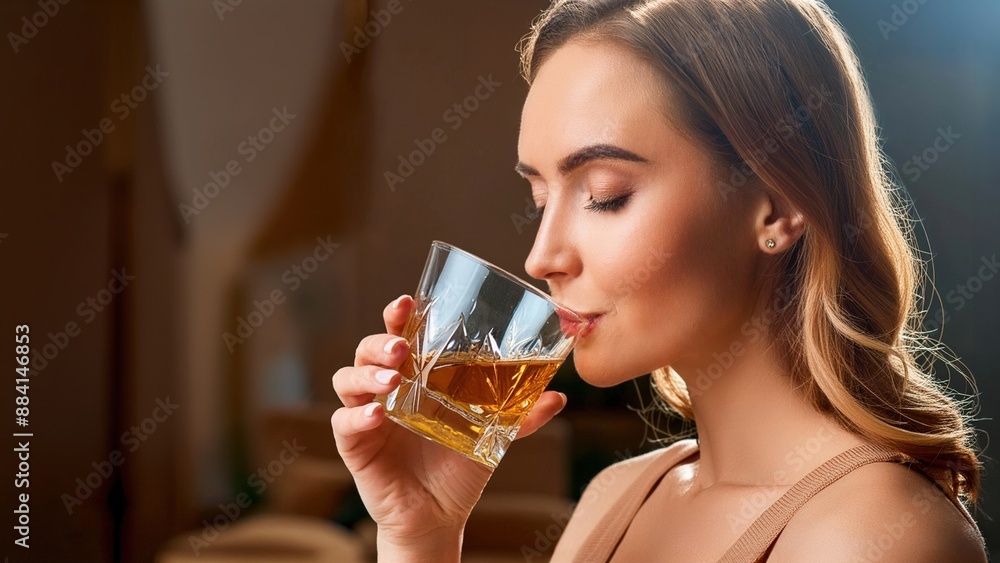 A young woman drinking whiskey from a glass. Dark background. A young woman drinking whiskey from a glass. Dark background.