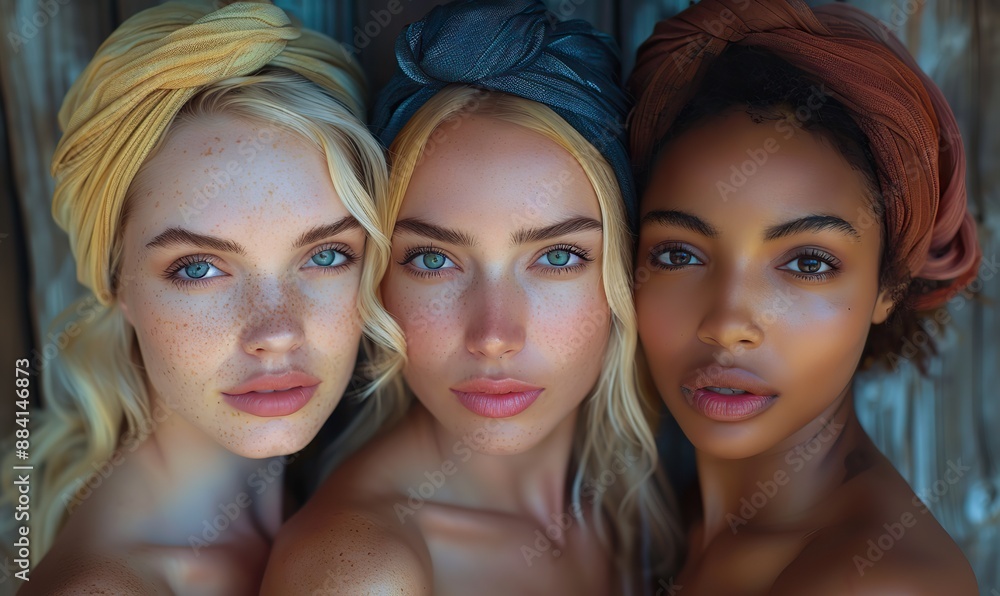 Three beautiful young women of different cultures hug together, representing the concept of friendship. Three beautiful young women of different cultures hug together, representing the concept of friendship.