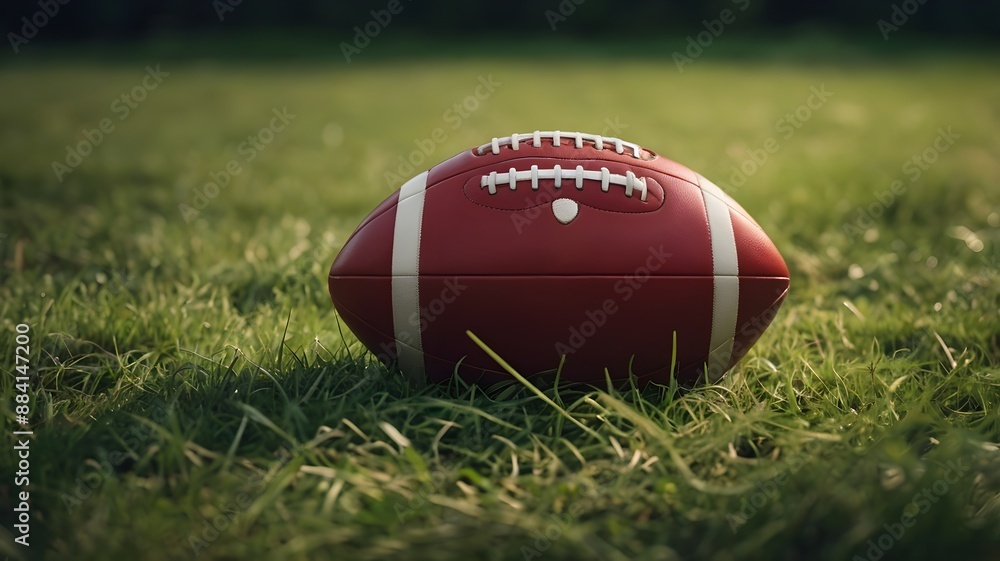 An American Rugby ball lies on the green turf of a football field An American Rugby ball lies on the green turf of a football field