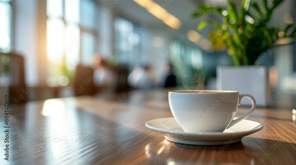 Blurred background of an office space with a white coffee cup in the foreground on a wooden table near a potted plant Blurred background of an office space with a white coffee cup in the foreground on a wooden table near a potted plant