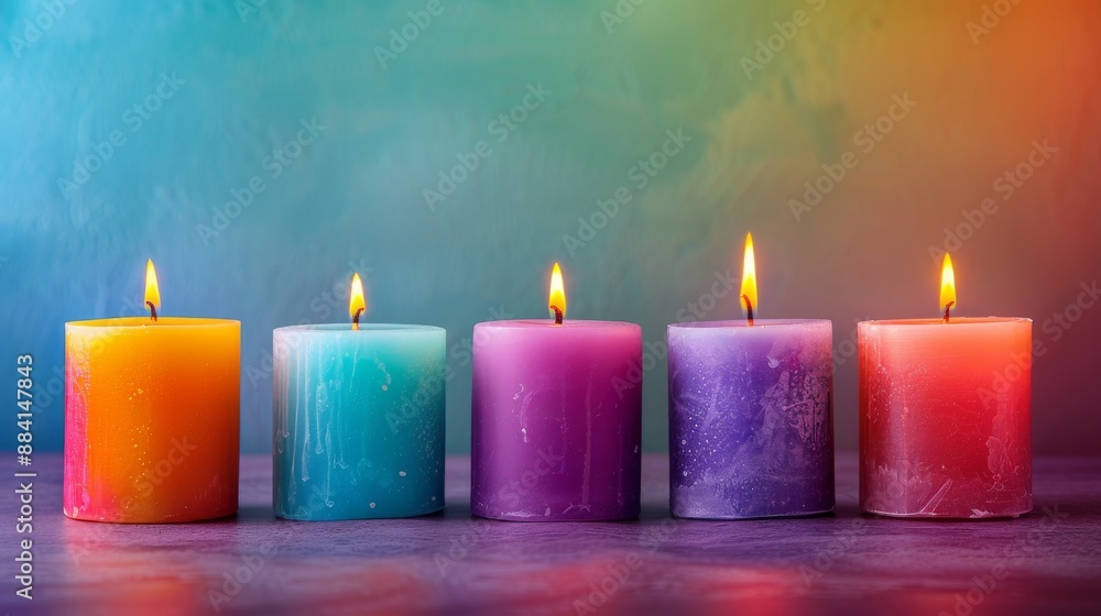 Five burning candles in a row against a rainbow background Five burning candles in a row against a rainbow background
