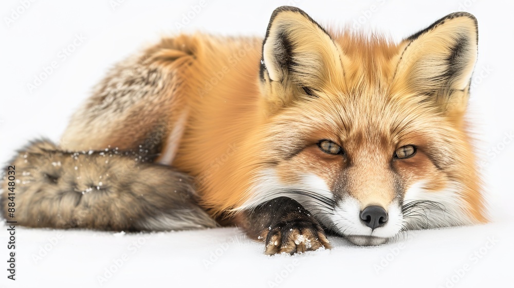 Obraz premium Fluffy Red Fox Lying on Snowy Ground