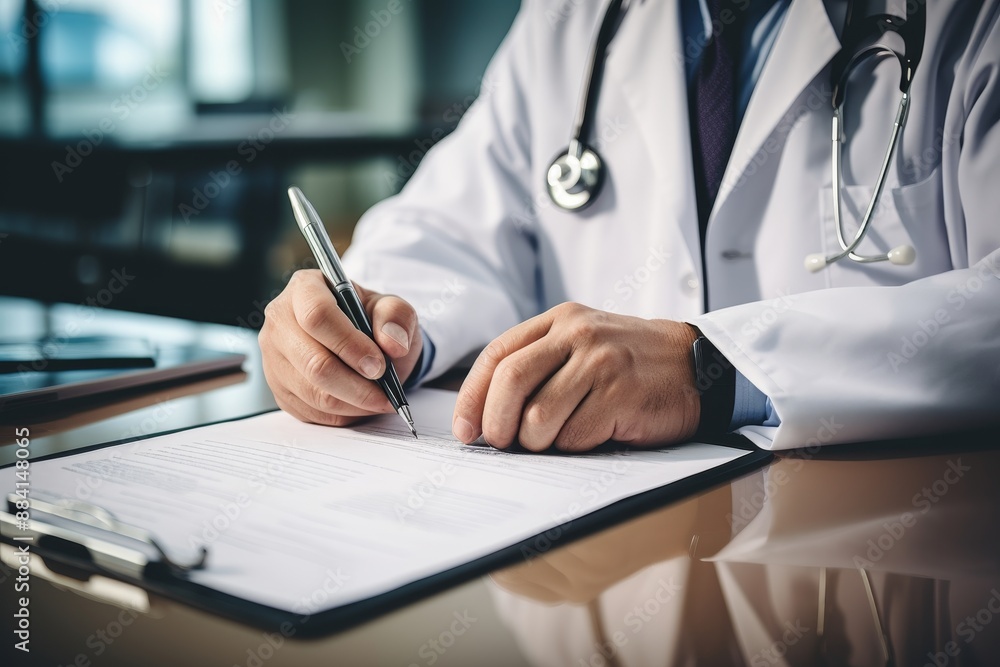 Doctor writing a prescription in a brightly lit hospital room, enhancing patient care Doctor writing a prescription in a brightly lit hospital room, enhancing patient care