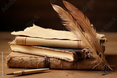 Organized desk with books, notebook, and pen in soft lighting, creating a serene workspace photo