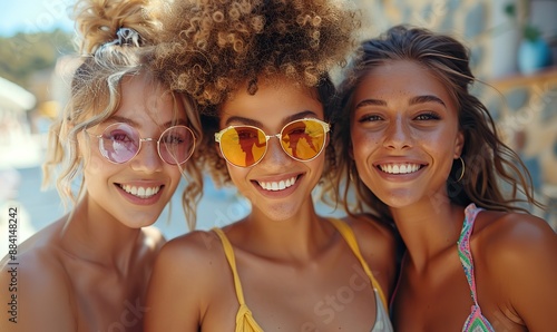 Three multicultural women, young friends of mixed races, enjoy a summertime vacation together on a city street, laughing out loud in friendship.