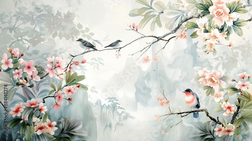 birds on a branch painting in chinoiseries style