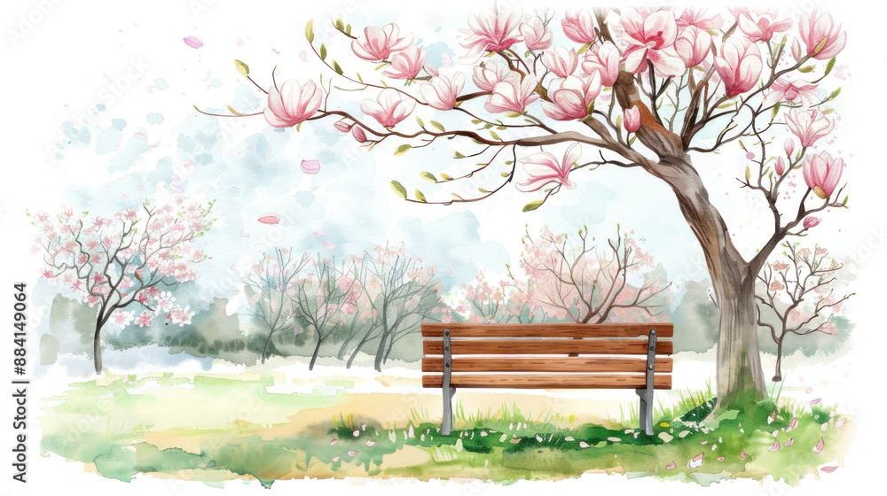 Watercolor painting of a bench in a blooming park. Watercolor painting of a bench in a blooming park.