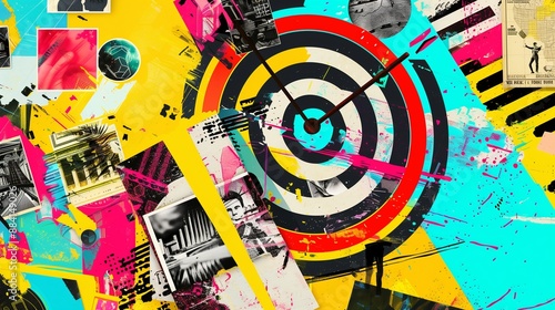 A high-contrast art collage illustrating brand positioning strategies with a circular target at the center, symbolizing strategic focus and market segmentation.