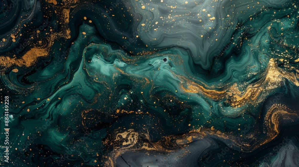 Green and gold fluid art painting with a marbled effect and golden flecks Green and gold fluid art painting with a marbled effect and golden flecks