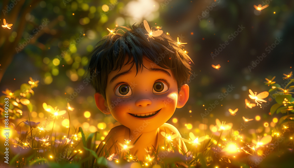Fototapeta premium A 3d Cartoon boy surrounded with tress, grass, night, firefly's plying around boy