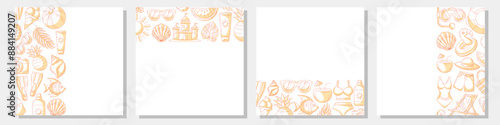 Set of summer minimalist square card, monochrome orange beach elements, accessories icons. Left, right side, upper, bottom border frame, copy space, isolated on white. For banner, invitation, poster