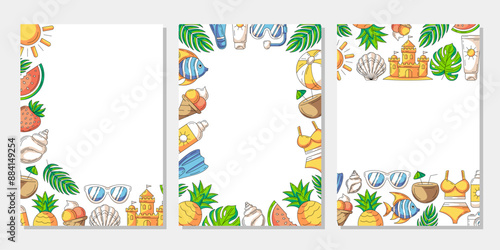 Set of summer colorful vertical a4 poster, painted beach elements, accessories icons. Corner, upper, bottom border frame, copy space, isolated on white. For banner, invitation, sale, event or party