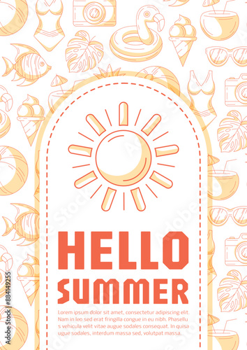 Summer beach vertical poster a4, vector orange modern minimalist design with seasonal line icons pattern, space for text. For banner, book cover, notebook, card, invitation, advertising or planner