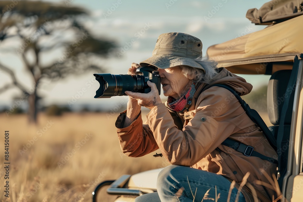 Fototapeta premium Senior Woman Photographing Wildlife in a Safari