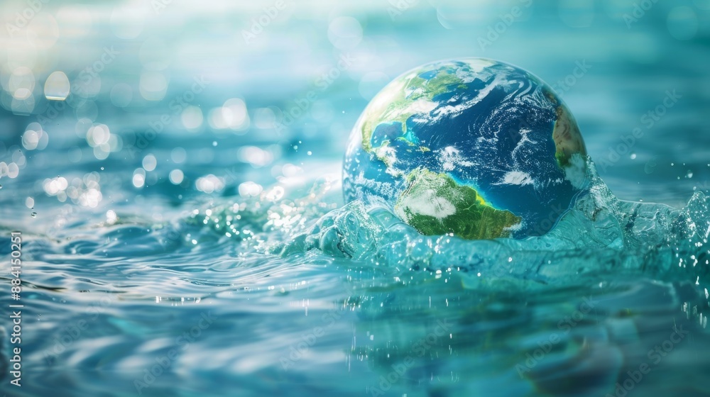 Global Warming Concept: Earth Submerged in Water with Rising Tides