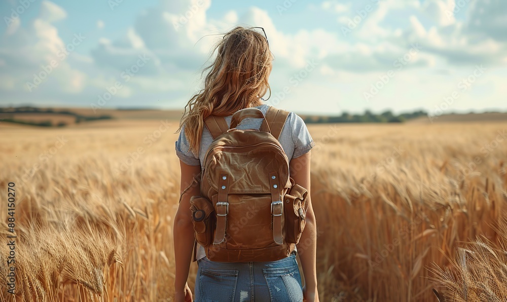 A young woman traveler with a backpack walks through a wheat field on a summer vacation, embodying the concept of travel and outdoor exploration. A young woman traveler with a backpack walks through a wheat field on a summer vacation, embodying the concept of travel and outdoor exploration.