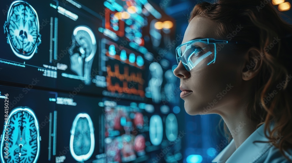 Futuristic scientist analyzing brain scans on advanced digital screen. Technology in neuroscience research and innovation in medical science. Futuristic scientist analyzing brain scans on advanced digital screen. Technology in neuroscience research and innovation in medical science.